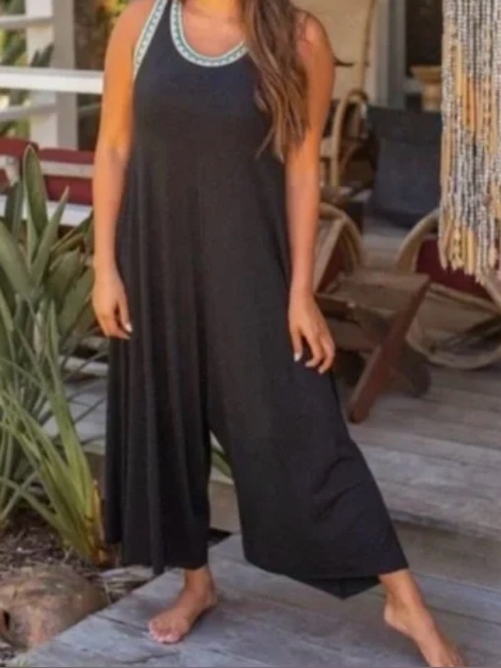 NATURAL LIFE Charcoal Gray Willow Jumpsuit with POCKETS & Crochet Trim